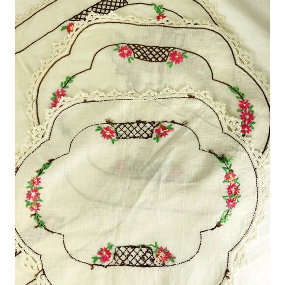 3 Piece Vintage Needlepoint Table Linen Set Foral Basket Lace Edge Handmade u - Picture 2 of 3